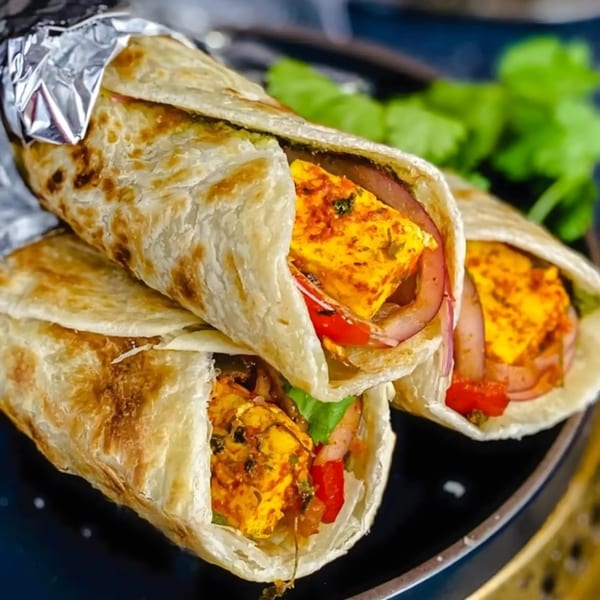 Three Indian paneer kathi rolls, one wrapped in foil, on a dark plate with cilantro.